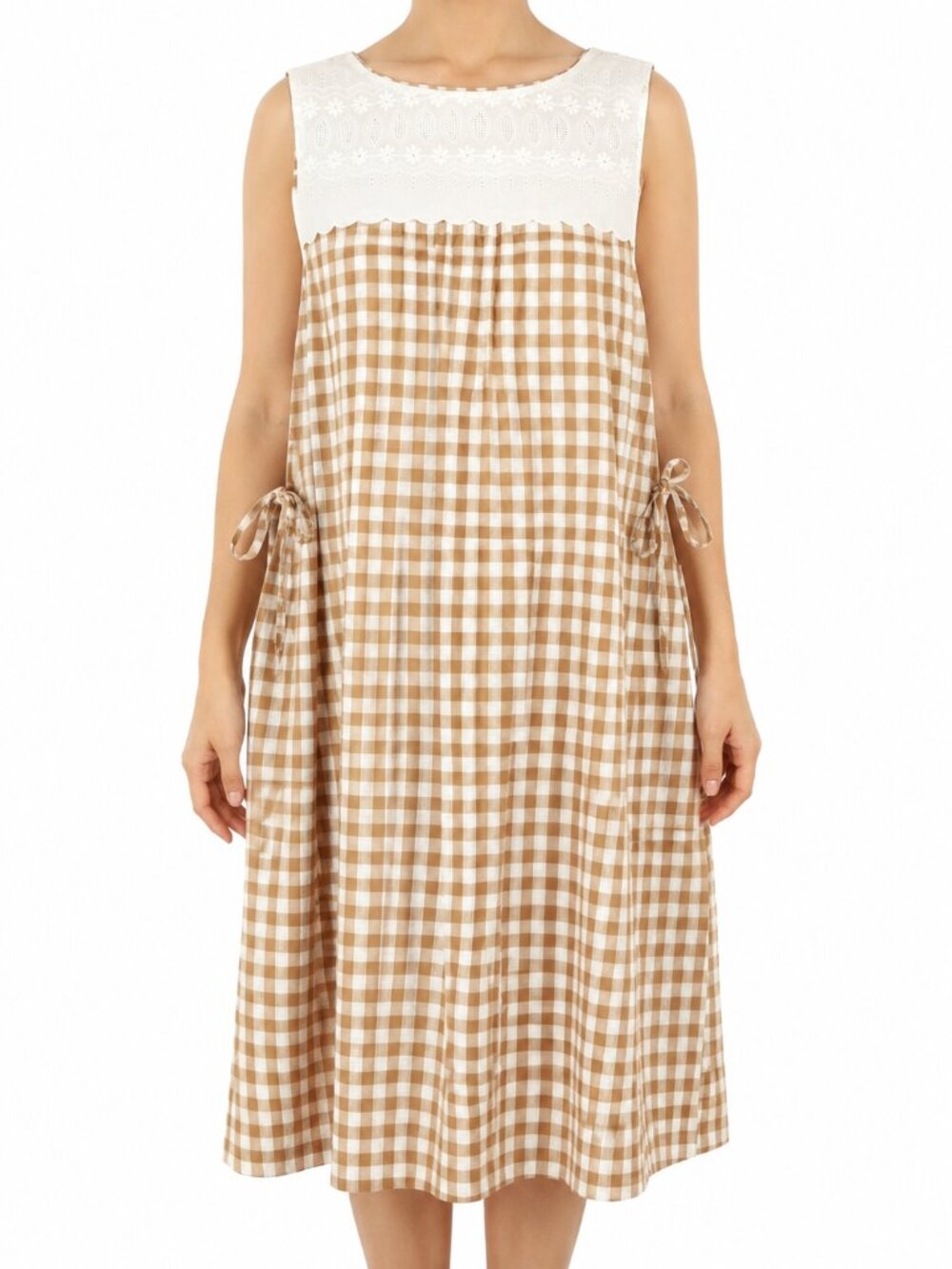 Handmade Women's Light Brown Gingham Dress with side panel and ties | Medium
